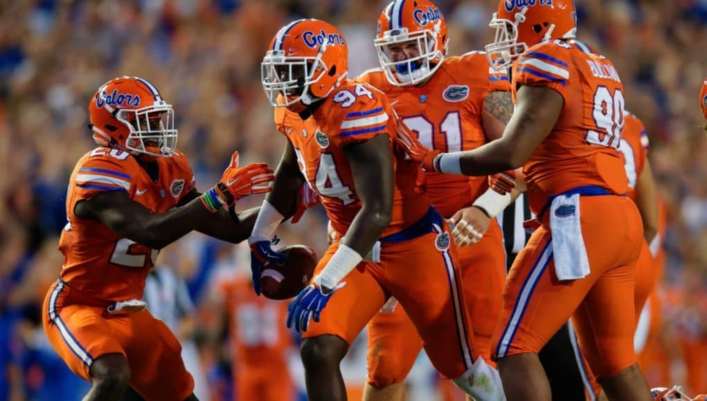 Florida Gators defensive lineman Bryan Cox Jr celebrates a fumble recovery- 1280x853