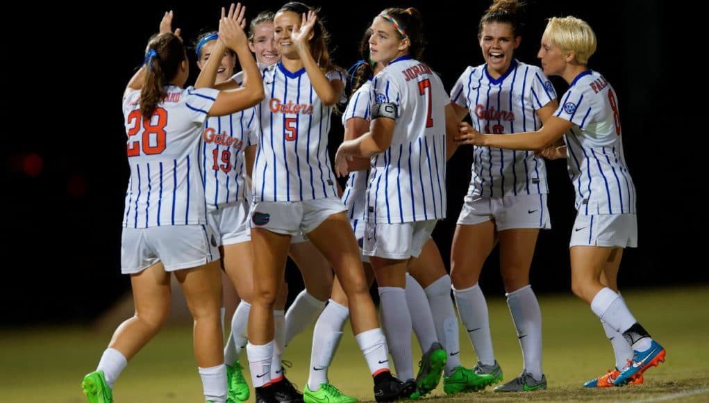 The Florida Gators soccer team celebrate one of their four goals in a shutout win over Arkansas on senior night- Florida Gators soccer- 1280x852