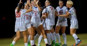 The Florida Gators soccer team celebrate one of their four goals in a shutout win over Arkansas on senior night- Florida Gators soccer- 1280x852