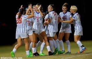 The Florida Gators soccer team celebrate one of their four goals in a shutout win over Arkansas on senior night- Florida Gators soccer- 1280x852
