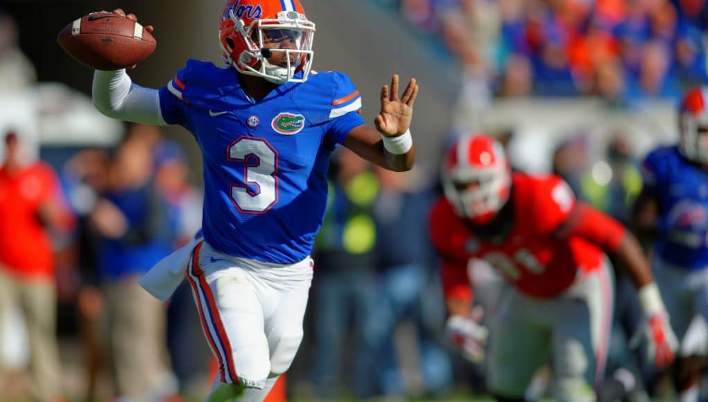 Treon Harris completes a pass against Georgia in a Florida Gators upset win in 2014- Florida Gators Football- 1280x852