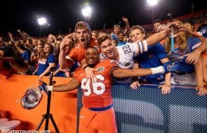 University of Florida freshman defensive lineman CeCe Jefferson celebrates with fans following the Florida Gators 38-10 win over Ole Miss- Florida Gators football- 1280x852