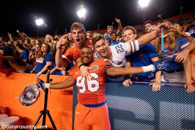 University of Florida freshman defensive lineman CeCe Jefferson celebrates with fans following the Florida Gators 38-10 win over Ole Miss- Florida Gators football- 1280x852