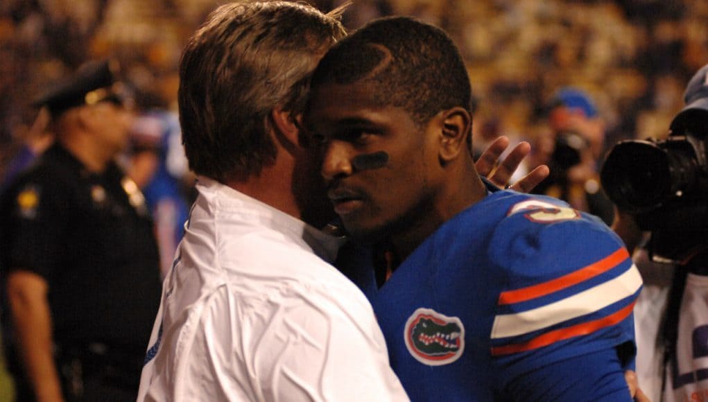 University of Florida head coach Jim McElwain embraces sophomore quarterback Treon Harris following the Florida Gators loss to LSU- Florida Gators Football- 1280x852