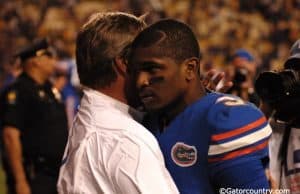 University of Florida head coach Jim McElwain embraces sophomore quarterback Treon Harris following the Florida Gators loss to LSU- Florida Gators Football- 1280x852