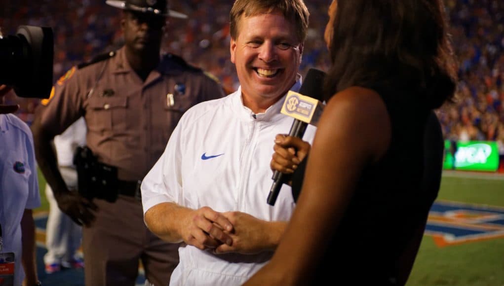 University of Florida head coach Jim McElwain talks to SEC Network's Maria Taylor after the Florida Gators win over Ole Miss- Florida Gators football- 1280x852