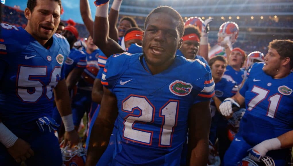 University of Florida junior running back Kelvin Taylor celebrates the Florida Gators comeback win against the Tennessee Volunteers in 2015- Florida Gators football- 1280x854