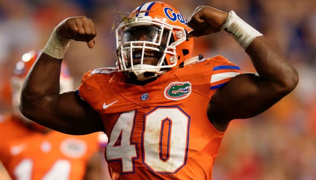 University of Florida linebacker Jarrad Davis celebrates after a goalline stand against Ole Miss- Florida Gators football- 1280x852