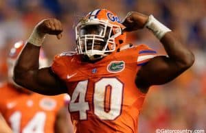 University of Florida linebacker Jarrad Davis celebrates after a goalline stand against Ole Miss- Florida Gators football- 1280x852