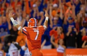 University of Florida quarterback Will Grier celebrates one of four touchdown passes against Ole Miss- Florida Gators football- 1280x852