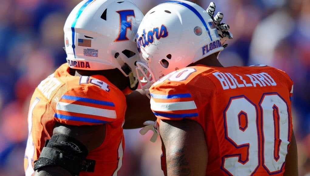 Florida Gators defensive linemen Alex McCalister and Jon Bullard celebrate a sack against Vanderbilt- Florida Gators football- 1280x852