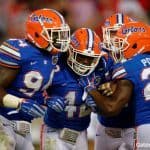 Florida Gators defensive players celebrate Keanu Neal's interception- 1280x852