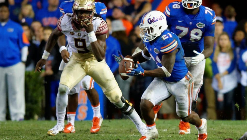 Florida Gators running back Kelvin Taylor runs against FSU in 2015- Florida Gators football- 1280x853