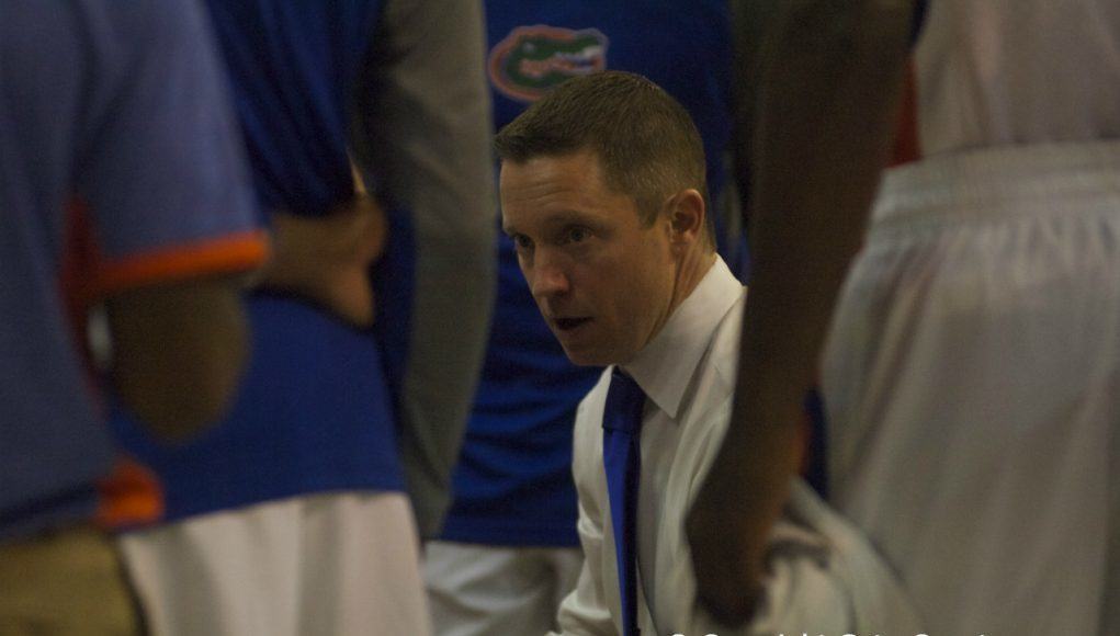 Florida Gators Basketball Coach Mike White in Huddle-Florida vs Palm Beach Atlantic Exhibition