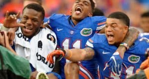 Kelvin Taylor, Demarcus Robinson and Jalen Tabor celebrate the Florida Gators overtime win over FAU- Florida Gators football- 1280x852
