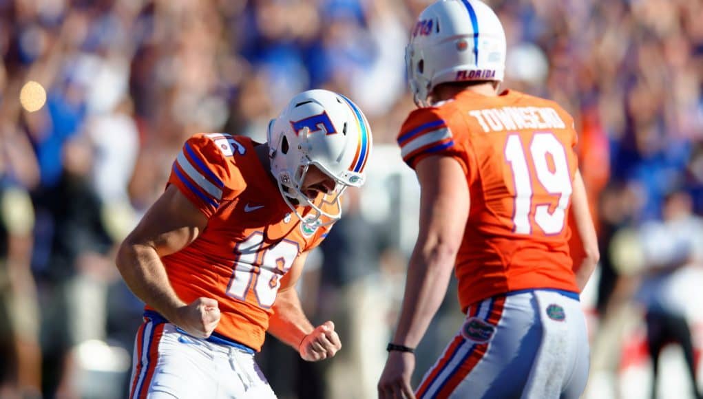 University of Florida kicker Austin Hardin celebrates his 43-yard field goal against vanderbilt- Florida Gators football- 1280x852