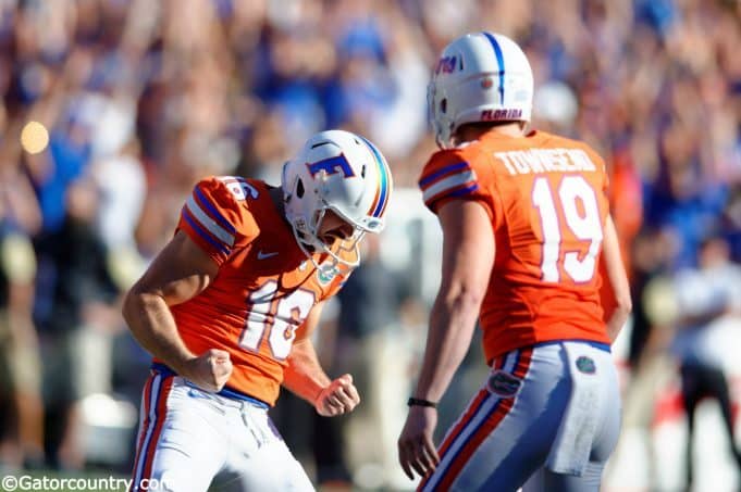 University of Florida kicker Austin Hardin celebrates his 43-yard field goal against vanderbilt- Florida Gators football- 1280x852