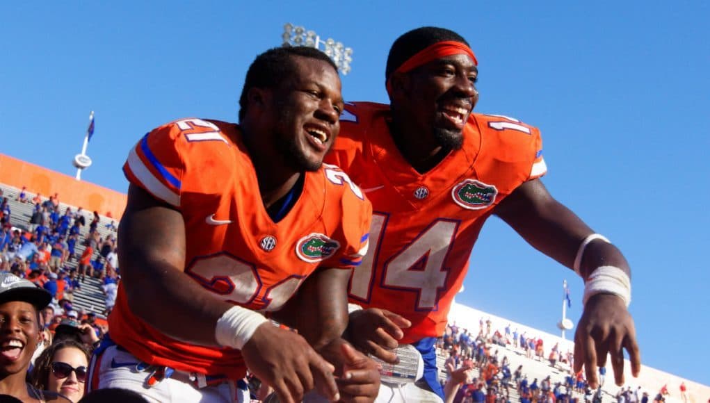 University of Florida players Kelvin Taylor and Alex McCalister celebrate the Florida Gators 9-7 homecoming win over Vanderbilt- Florida Gators football- 1280x852