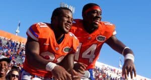 University of Florida players Kelvin Taylor and Alex McCalister celebrate the Florida Gators 9-7 homecoming win over Vanderbilt- Florida Gators football- 1280x852