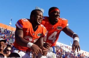 University of Florida players Kelvin Taylor and Alex McCalister celebrate the Florida Gators 9-7 homecoming win over Vanderbilt- Florida Gators football- 1280x852