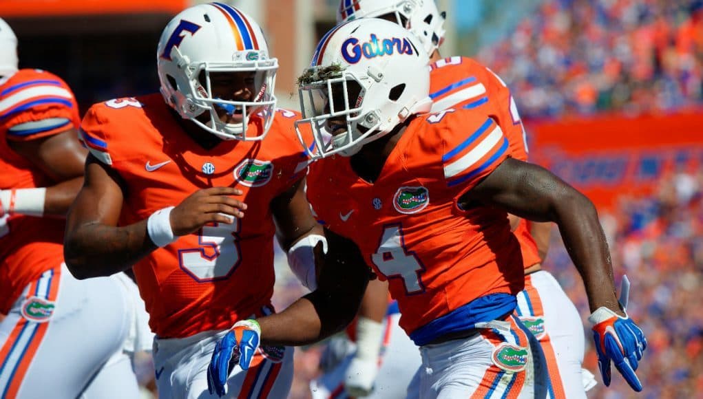 University of Florida quarterback Treon Harris celebrates with receiver Brandon Powell during the Florida Gators game against Vanderbilt- Florida Gators football- 1280x852