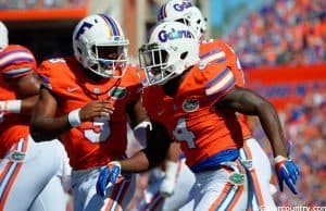 University of Florida quarterback Treon Harris celebrates with receiver Brandon Powell during the Florida Gators game against Vanderbilt- Florida Gators football- 1280x852