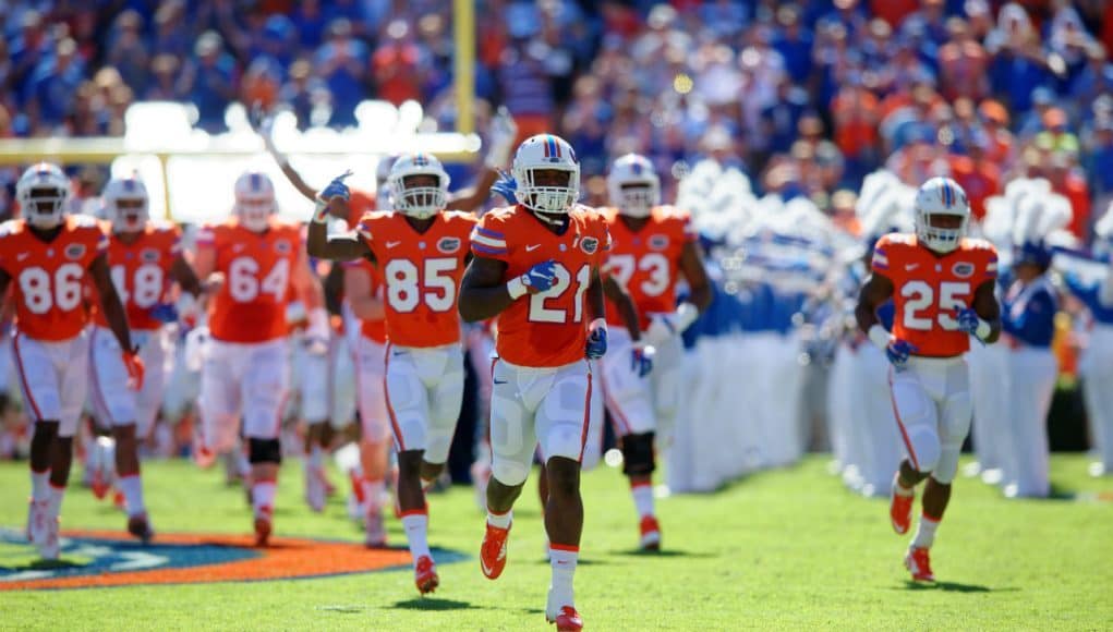 University of Florida running back leads the Florida Gators out on to the field against the Vanderbilt Commodores- Florida Gators football- 1280x852