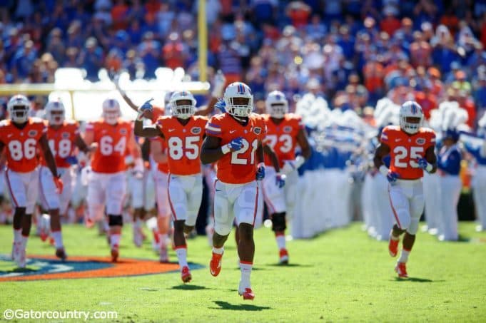University of Florida running back leads the Florida Gators out on to the field against the Vanderbilt Commodores- Florida Gators football- 1280x852