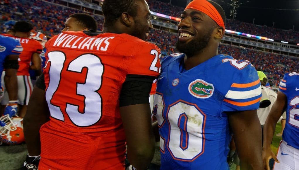 University of Florida safety Marcus Maye walks off the field after the Florida Gators beat the Georgia Bulldogs 27-3