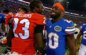 University of Florida safety Marcus Maye walks off the field after the Florida Gators beat the Georgia Bulldogs 27-3