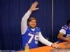 University of Florida senior offensive lineman transfer Mason Halter chomps during Floirda Gators football media day- Florida Gators football- 1280x852