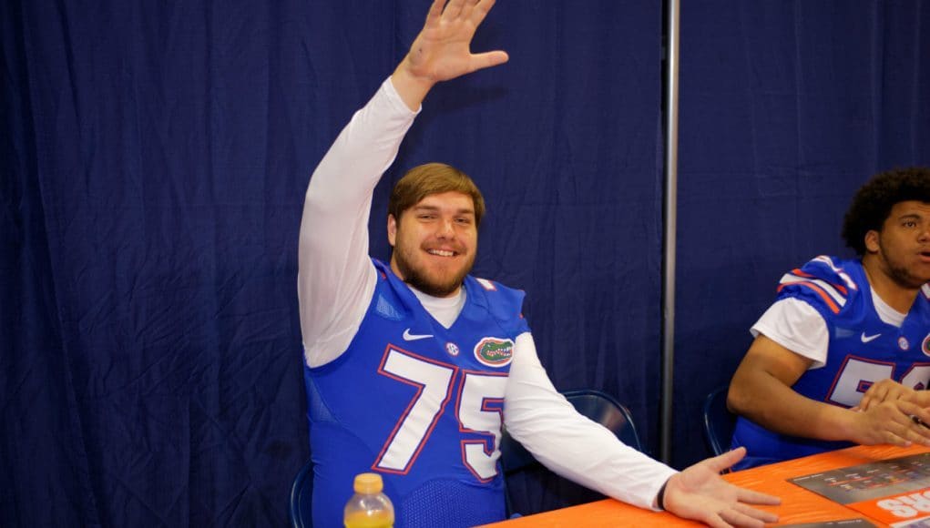 University of Florida senior offensive lineman transfer Mason Halter chomps during Floirda Gators football media day- Florida Gators football- 1280x852