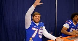 University of Florida senior offensive lineman transfer Mason Halter chomps during Floirda Gators football media day- Florida Gators football- 1280x852