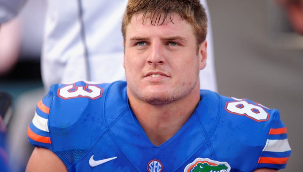 University of Florida senior tight end Jake McGee stretches before the Florida Gators game against Georgia- 1280x852