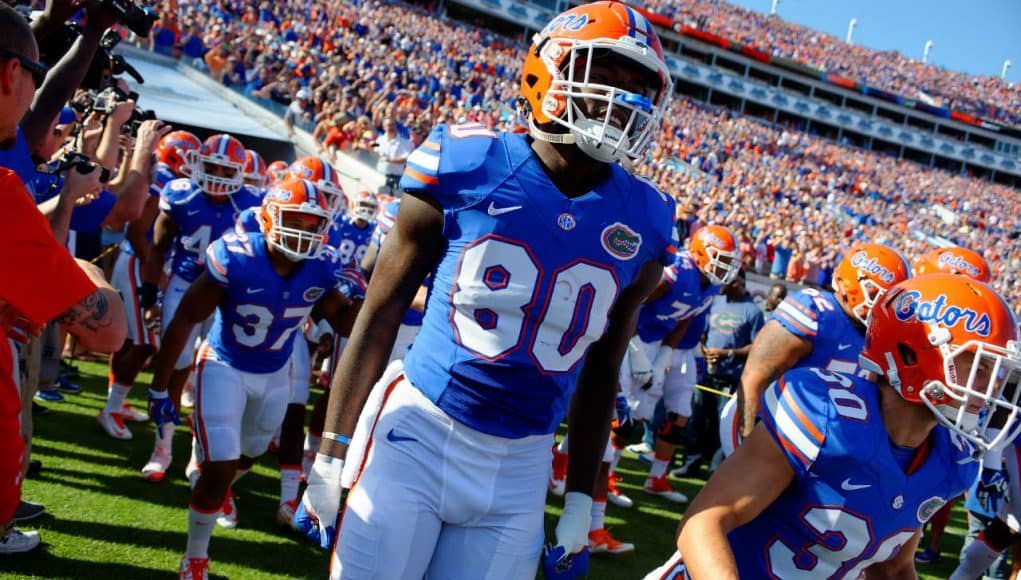 University of Florida tight end C'yontai Lewis runs out on to EverBank Field to take on the Georgia Bulldogs- Florida Gators football- 1280x852