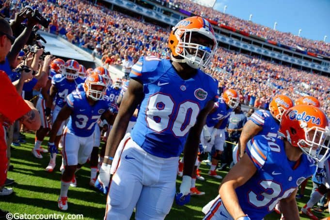 University of Florida tight end C'yontai Lewis runs out on to EverBank Field to take on the Georgia Bulldogs- Florida Gators football- 1280x852