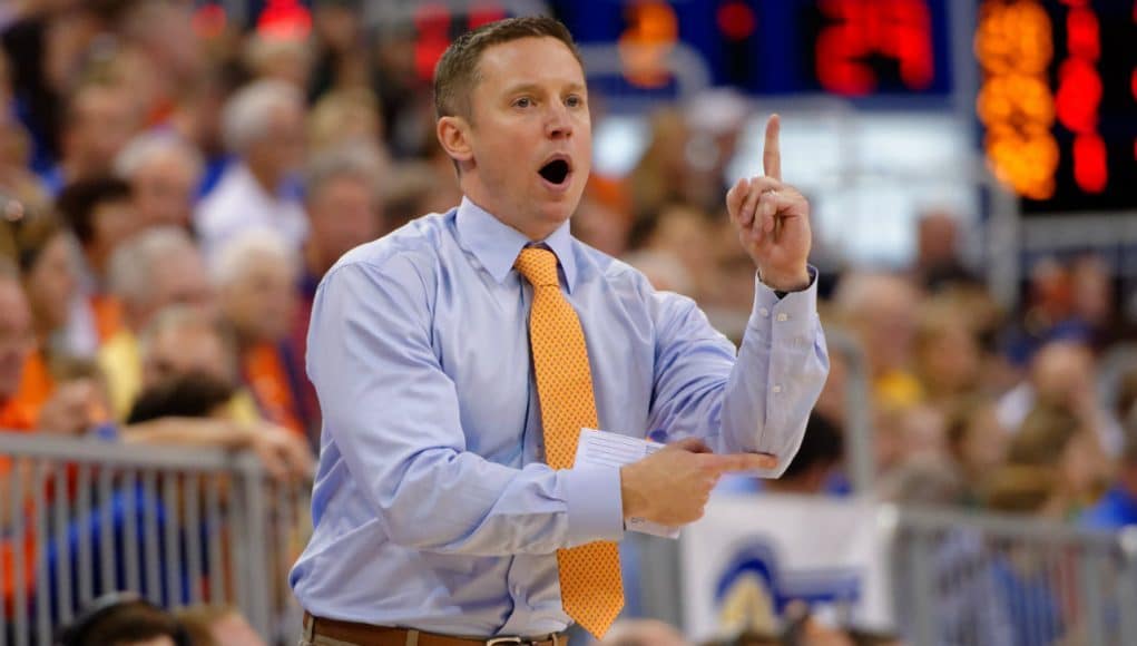 Florida Gators basketball coach Mike White calls a play during the Florida Gators 86-62 win over Vermont on November 25- Florida Gators basketball- 1280x852