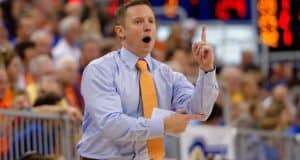 Florida Gators basketball coach Mike White calls a play during the Florida Gators 86-62 win over Vermont on November 25- Florida Gators basketball- 1280x852