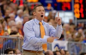 Florida Gators basketball coach Mike White calls a play during the Florida Gators 86-62 win over Vermont on November 25- Florida Gators basketball- 1280x852