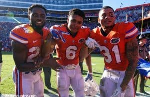 Florida Gators defensive backs Brian Poole, Quincy Wilson and Jalen Tabor celebrate Florida's win over the Vanderbilt Commodores- Florida Gators football- 1280x854