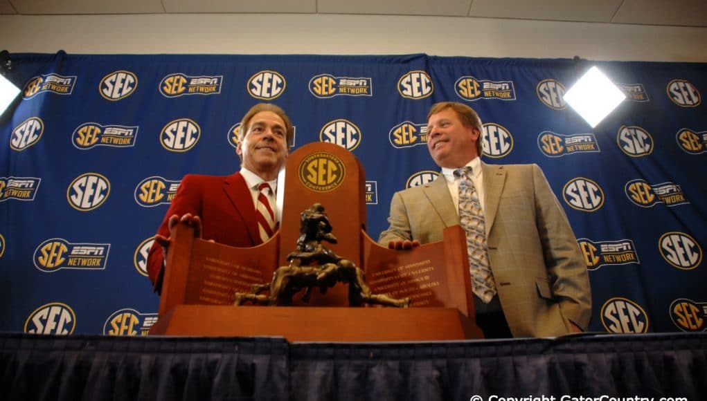 Head Coaches Florida Gators Jim McElwain Alabama Crimson Tide Nick Saban at SEC Championship