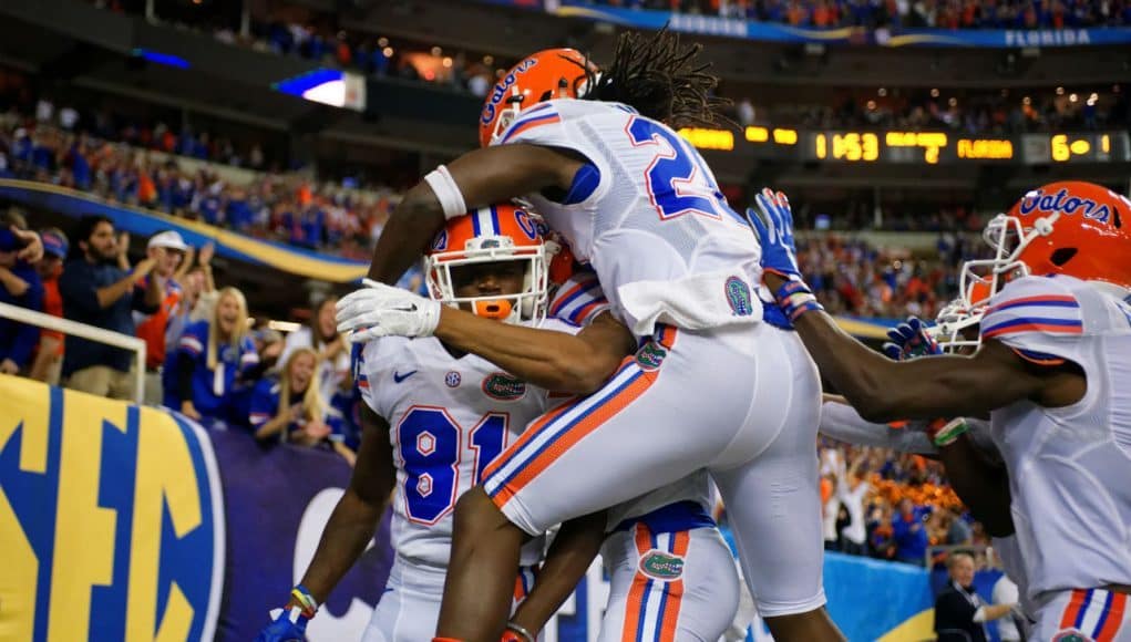 The Florida Gators celebrate Antonio Callaway's 85-yard punt return for a touchdown in the SEC Championship Game- Florida Gators football- 1280x852