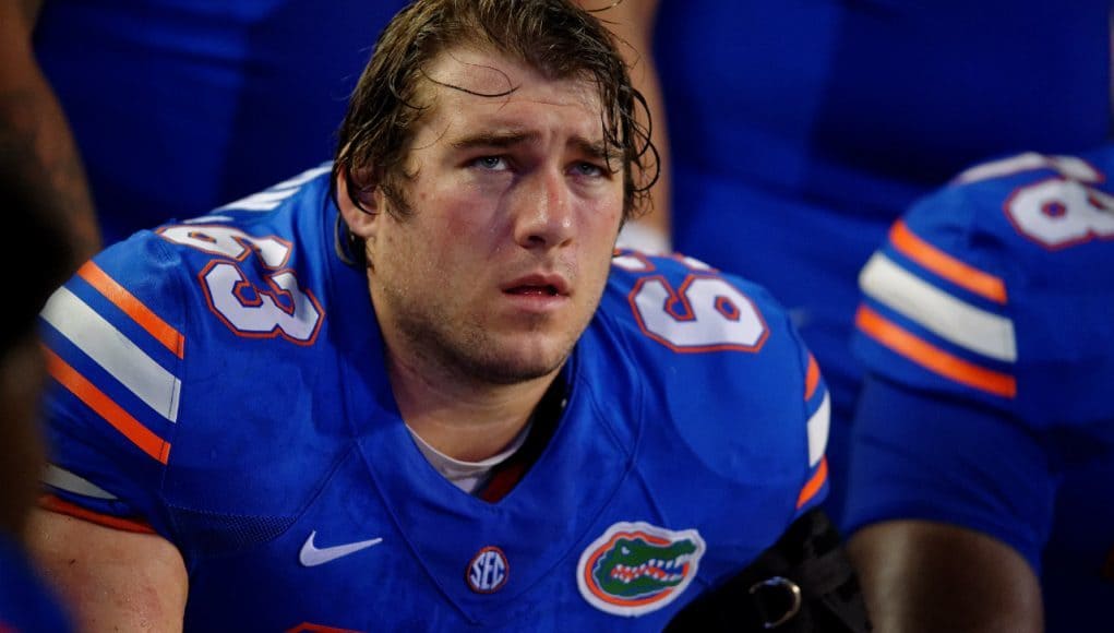 University of Florida senior Trip Thurman looks up at a replay during the Florida Gators win over New Mexico State- Florida Gators football- 1280x852