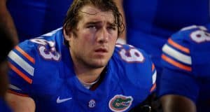 University of Florida senior Trip Thurman looks up at a replay during the Florida Gators win over New Mexico State- Florida Gators football- 1280x852