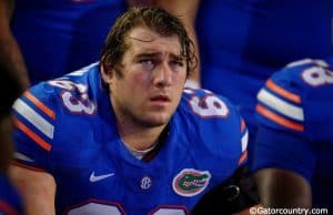 University of Florida senior Trip Thurman looks up at a replay during the Florida Gators win over New Mexico State- Florida Gators football- 1280x852