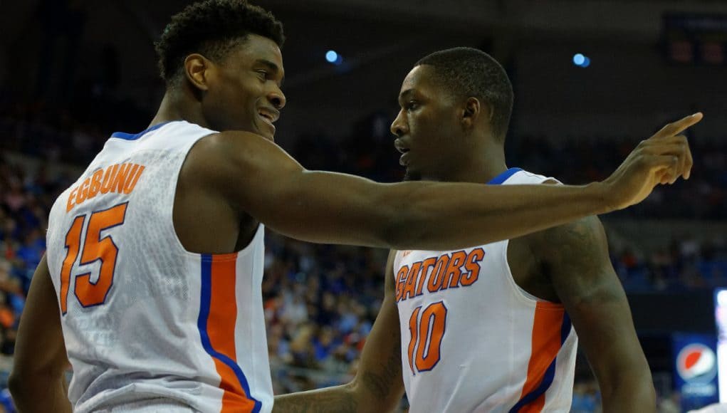 Florida Gators basketball players John Egbunu and Dorian Finney Smith celebrate a basket in an upset win over LSU- Florida Gators basketball- 1280x852