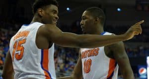 Florida Gators basketball players John Egbunu and Dorian Finney Smith celebrate a basket in an upset win over LSU- Florida Gators basketball- 1280x852