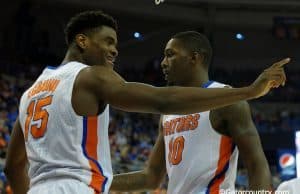 Florida Gators basketball players John Egbunu and Dorian Finney Smith celebrate a basket in an upset win over LSU- Florida Gators basketball- 1280x852