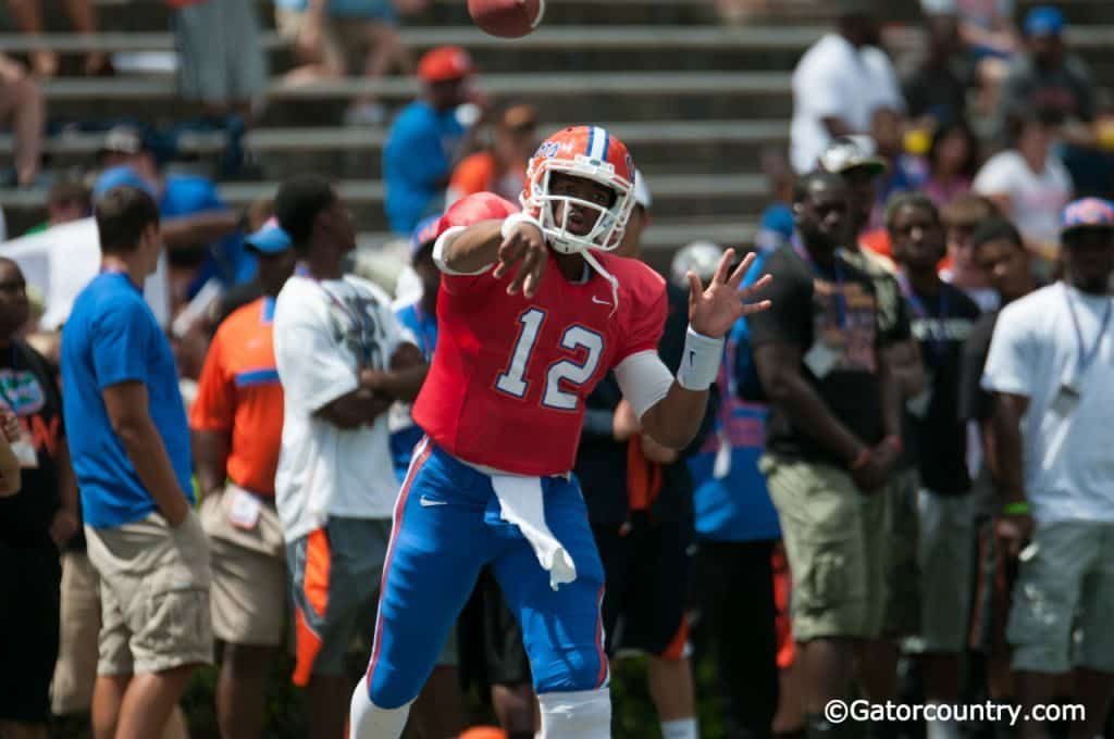 Florida Gators quarterback Jacoby Brissett throws a pass during the 2012 spring game- Florida Gators football- 1280x850