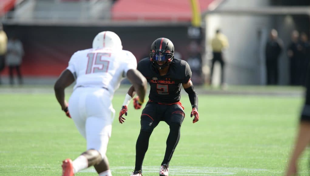 Louisiana cornerback Kristian Fulton in coverage at the 2016 Under Armour All-American game- Florida Gators football- 1280x852